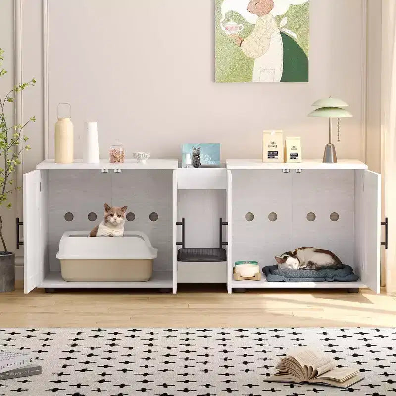 Mobile coprilavatrice per due gatti da 55 pollici, Porta TV, Superficie impermeabile facile da pulire, Chiusure per armadietto e scanalature portaoggetti, Mobile per animali domestici da soggiorno
