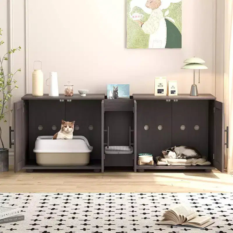 Mobile coprilavatrice per due gatti da 55 pollici, Porta TV, Superficie impermeabile facile da pulire, Chiusure per armadietto e scanalature portaoggetti, Mobile per animali domestici da soggiorno