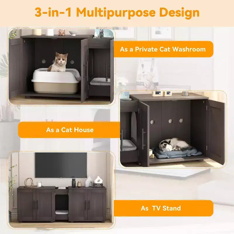 Mobile coprilavatrice per due gatti da 55 pollici, Porta TV, Superficie impermeabile facile da pulire, Chiusure per armadietto e scanalature portaoggetti, Mobile per animali domestici da soggiorno