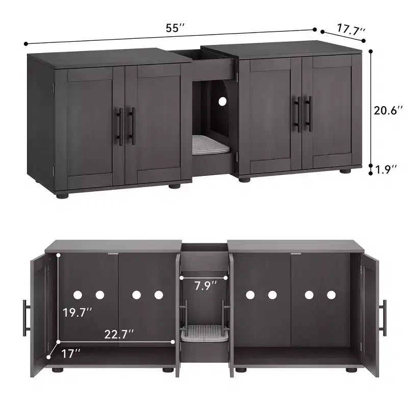 Mobile coprilavatrice per due gatti da 55 pollici, Porta TV, Superficie impermeabile facile da pulire, Chiusure per armadietto e scanalature portaoggetti, Mobile per animali domestici da soggiorno