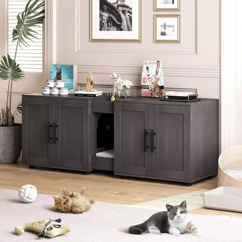 Mobile coprilavatrice per due gatti da 55 pollici, Porta TV, Superficie impermeabile facile da pulire, Chiusure per armadietto e scanalature portaoggetti, Mobile per animali domestici da soggiorno