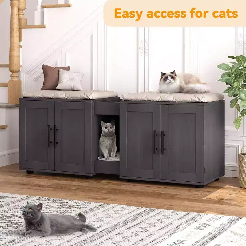 Mobile coprilavatrice per due gatti da 55 pollici, Porta TV, Superficie impermeabile facile da pulire, Chiusure per armadietto e scanalature portaoggetti, Mobile per animali domestici da soggiorno