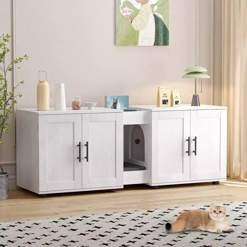 Mobile coprilavatrice per due gatti da 55 pollici, Porta TV, Superficie impermeabile facile da pulire, Chiusure per armadietto e scanalature portaoggetti, Mobile per animali domestici da soggiorno