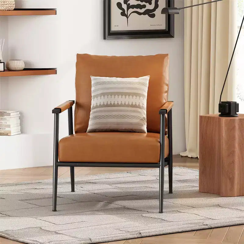 Poltrona di design, moderno di metà secolo, ecopelle marrone, schienale alto imbottito, struttura in metallo, braccioli in legno, per soggiorno, camera da letto, ufficio