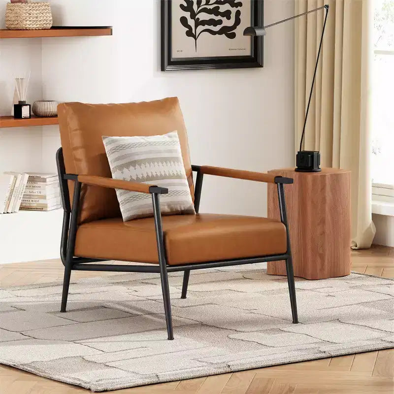 Poltrona di design, moderno di metà secolo, ecopelle marrone, schienale alto imbottito, struttura in metallo, braccioli in legno, per soggiorno, camera da letto, ufficio