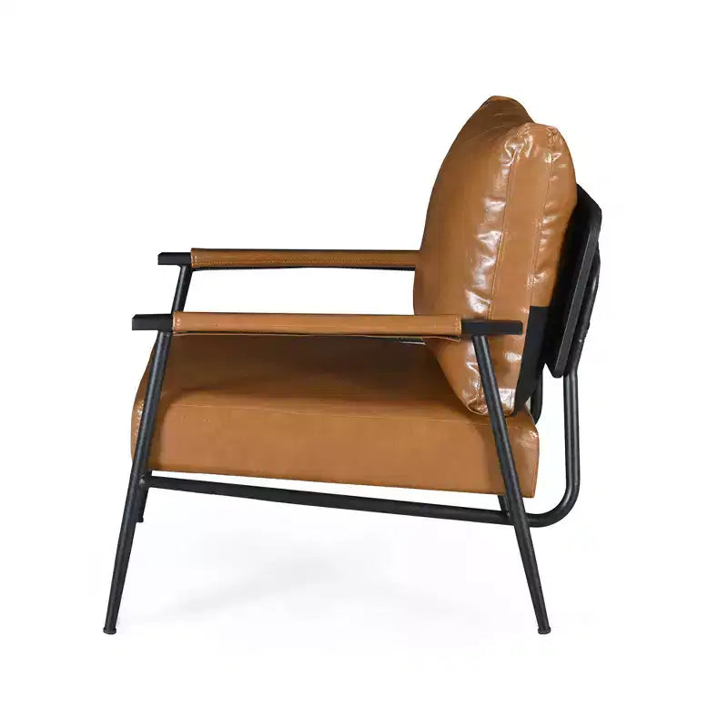 Poltrona di design, moderno di metà secolo, ecopelle marrone, schienale alto imbottito, struttura in metallo, braccioli in legno, per soggiorno, camera da letto, ufficio