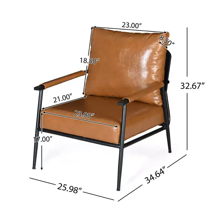 Poltrona di design, moderno di metà secolo, ecopelle marrone, schienale alto imbottito, struttura in metallo, braccioli in legno, per soggiorno, camera da letto, ufficio