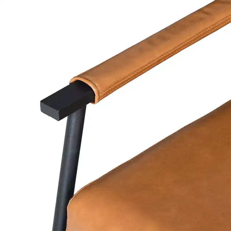 Poltrona di design, moderno di metà secolo, ecopelle marrone, schienale alto imbottito, struttura in metallo, braccioli in legno, per soggiorno, camera da letto, ufficio
