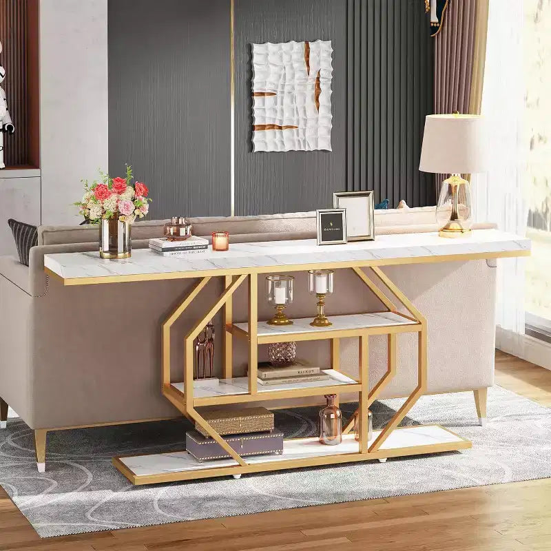 Consolle extra lunga da 70,9 pollici, tavolo da divano moderno color oro con 4 ripiani per soggiorno, corridoio, ingresso, effetto marmo bianco