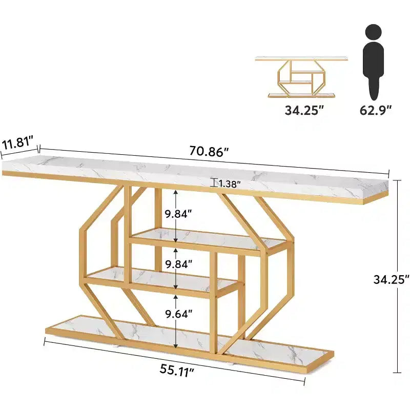 Consolle extra lunga da 70,9 pollici, tavolo da divano moderno color oro con 4 ripiani per soggiorno, corridoio, ingresso, effetto marmo bianco