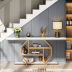 Consolle extra lunga da 70,9 pollici, tavolo da divano moderno color oro con 4 ripiani per soggiorno, corridoio, ingresso, effetto marmo bianco