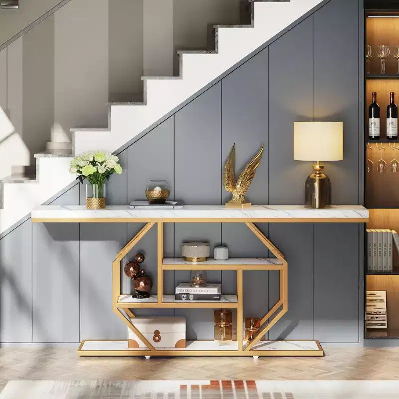 Consolle extra lunga da 70,9 pollici, tavolo da divano moderno color oro con 4 ripiani per soggiorno, corridoio, ingresso, effetto marmo bianco