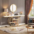 Consolle extra lunga da 70,9 pollici, tavolo da divano moderno color oro con 4 ripiani per soggiorno, corridoio, ingresso, effetto marmo bianco