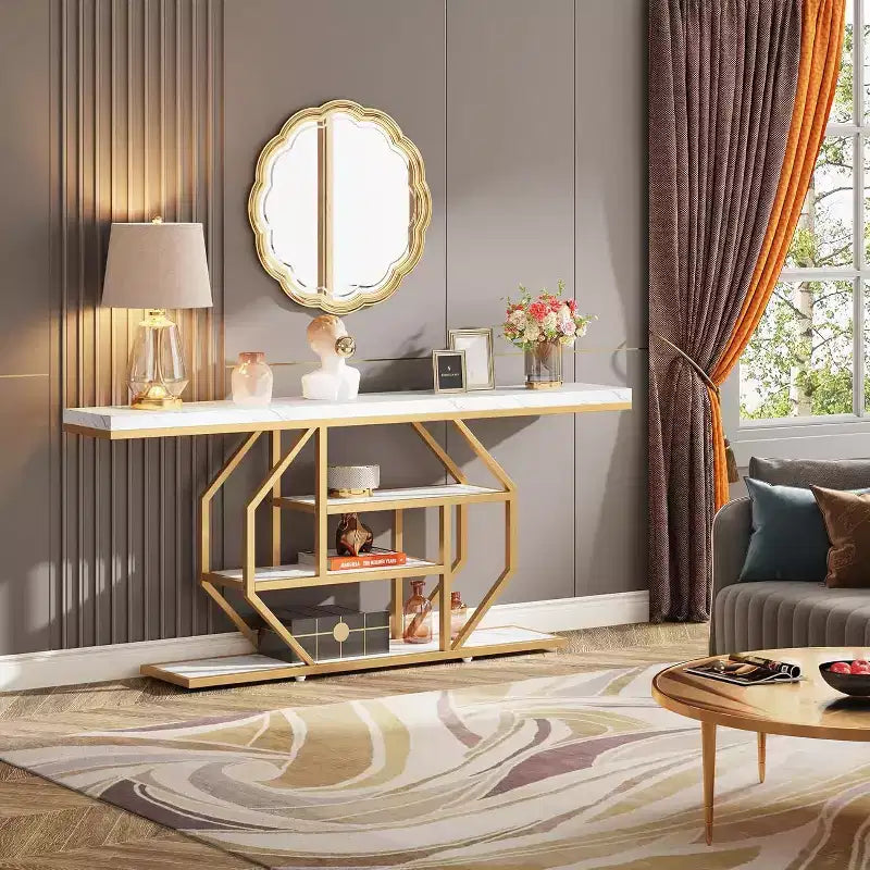 Consolle extra lunga da 70,9 pollici, tavolo da divano moderno color oro con 4 ripiani per soggiorno, corridoio, ingresso, effetto marmo bianco