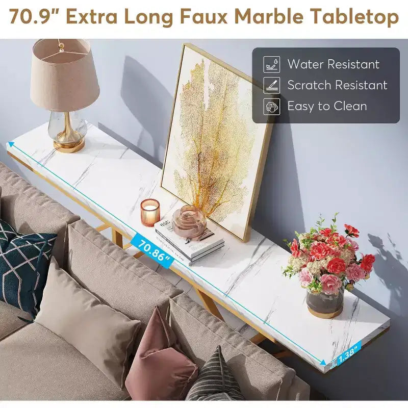 Consolle extra lunga da 70,9 pollici, tavolo da divano moderno color oro con 4 ripiani per soggiorno, corridoio, ingresso, effetto marmo bianco