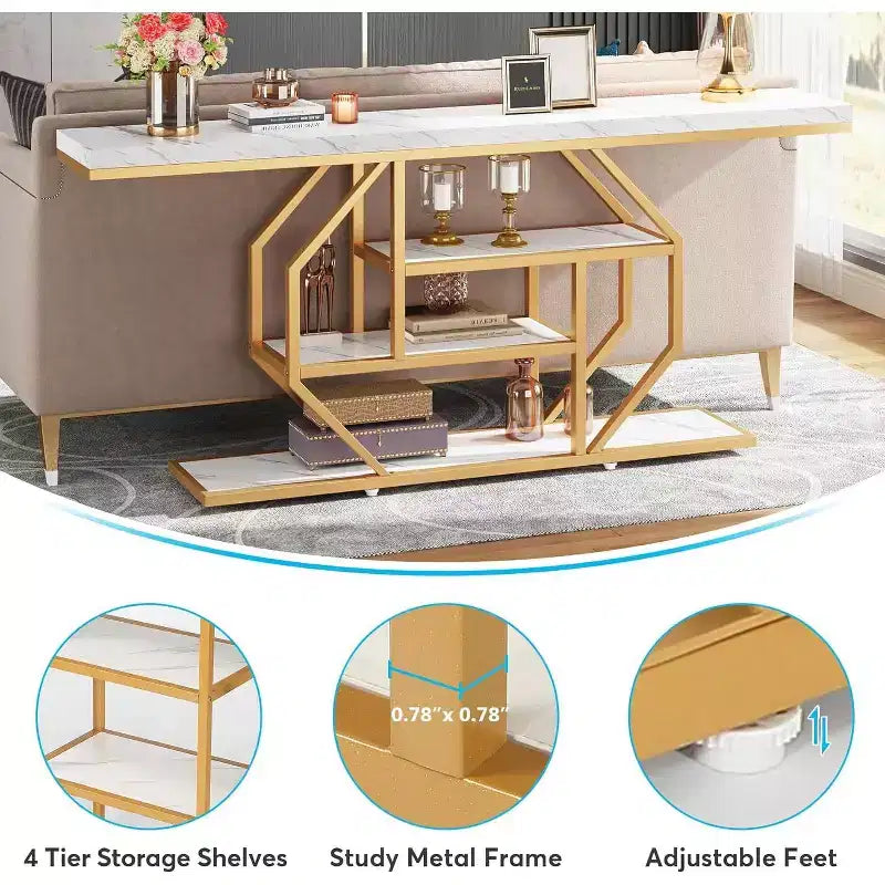 Consolle extra lunga da 70,9 pollici, tavolo da divano moderno color oro con 4 ripiani per soggiorno, corridoio, ingresso, effetto marmo bianco