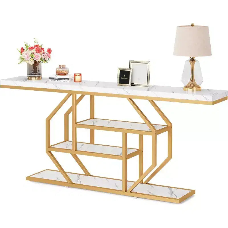 Consolle extra lunga da 70,9 pollici, tavolo da divano moderno color oro con 4 ripiani per soggiorno, corridoio, ingresso, effetto marmo bianco