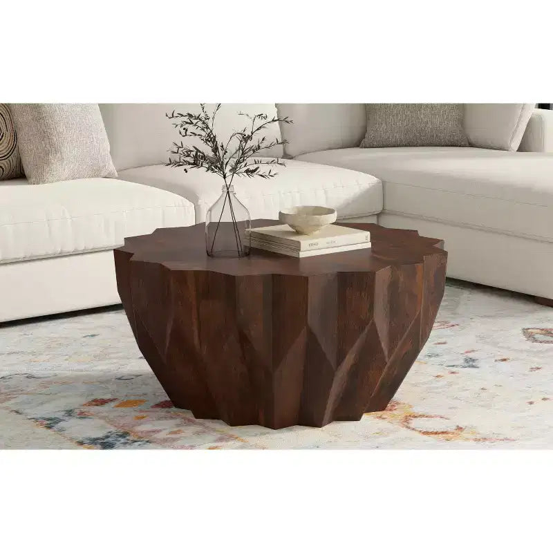 Tavolino da Caffè Contemporaneo in Legno Massello di Mango, Larghezza 86 cm, Poligonale, Completamente Assemblato