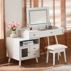 Toeletta da trucco 3-IN-1 con specchio a scomparsa e armadietto regolabile, Tavolo da trucco con sgabello imbottito, Tavolo da toeletta per camera da letto, Bianco