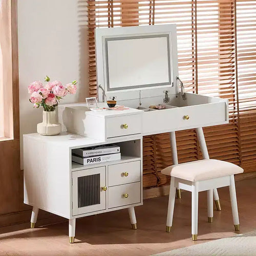 Toeletta da trucco 3-IN-1 con specchio a scomparsa e armadietto regolabile, Tavolo da trucco con sgabello imbottito, Tavolo da toeletta per camera da letto, Bianco