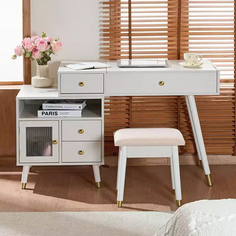 Toeletta da trucco 3-IN-1 con specchio a scomparsa e armadietto regolabile, Tavolo da trucco con sgabello imbottito, Tavolo da toeletta per camera da letto, Bianco