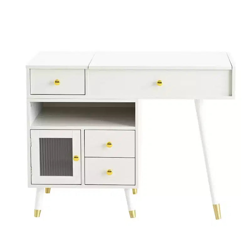 Toeletta da trucco 3-IN-1 con specchio a scomparsa e armadietto regolabile, Tavolo da trucco con sgabello imbottito, Tavolo da toeletta per camera da letto, Bianco