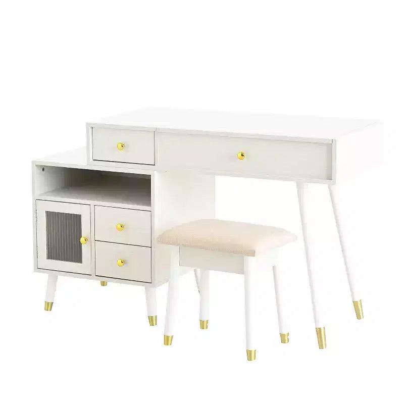 Toeletta da trucco 3-IN-1 con specchio a scomparsa e armadietto regolabile, Tavolo da trucco con sgabello imbottito, Tavolo da toeletta per camera da letto, Bianco