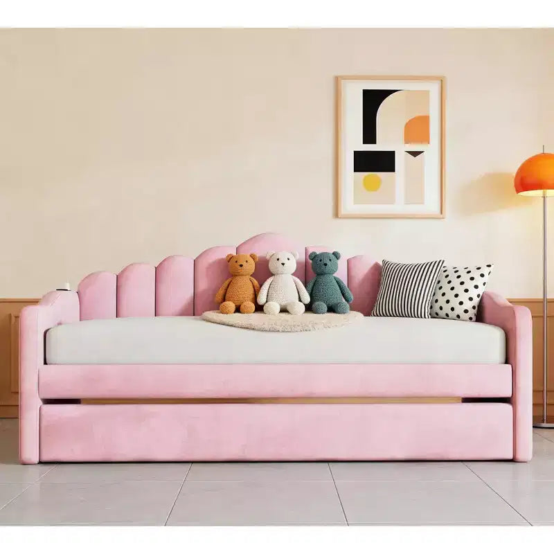 Divano letto singolo imbottito con letto estraibile e stazione di ricarica USB, daybed in velluto per camera da letto, rosa