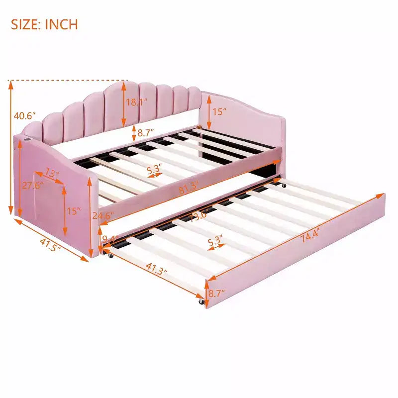 Divano letto singolo imbottito con letto estraibile e stazione di ricarica USB, daybed in velluto per camera da letto, rosa