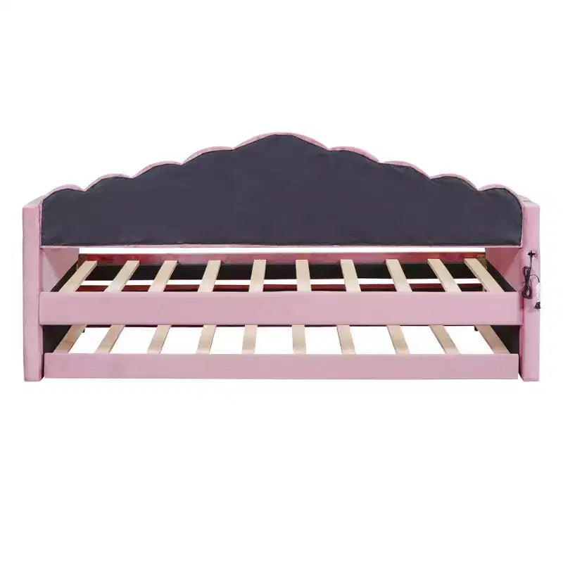 Divano letto singolo imbottito con letto estraibile e stazione di ricarica USB, daybed in velluto per camera da letto, rosa