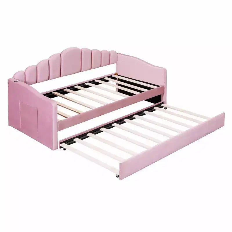 Divano letto singolo imbottito con letto estraibile e stazione di ricarica USB, daybed in velluto per camera da letto, rosa
