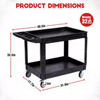 Carrello di servizio a 2 ripiani 45x25 con ruote, capacità 550 libbre, carrello con ripiani bordati