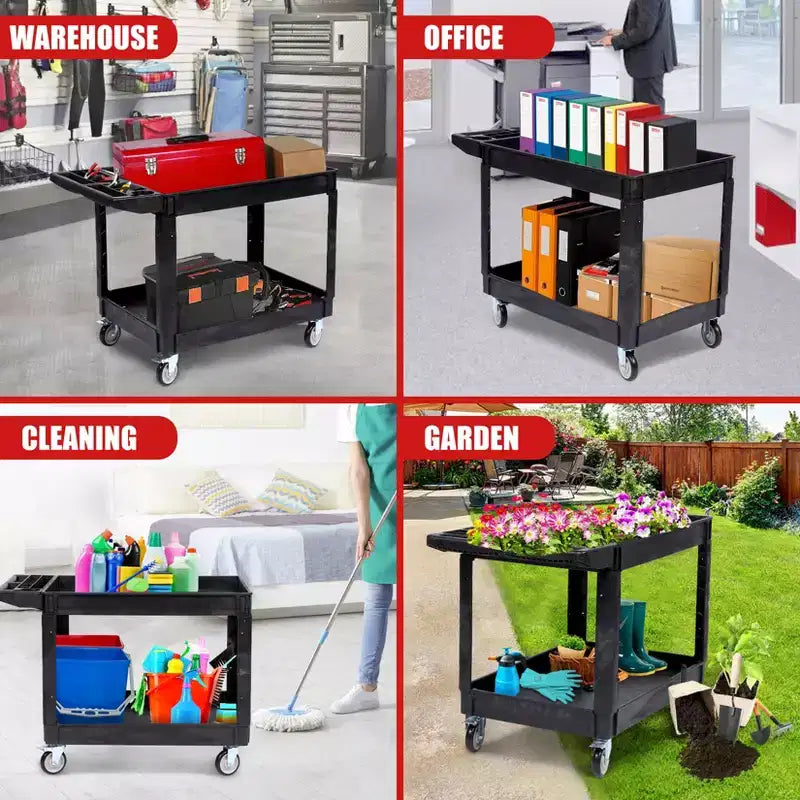 Carrello di servizio a 2 ripiani 45x25 con ruote, capacità 550 libbre, carrello con ripiani bordati