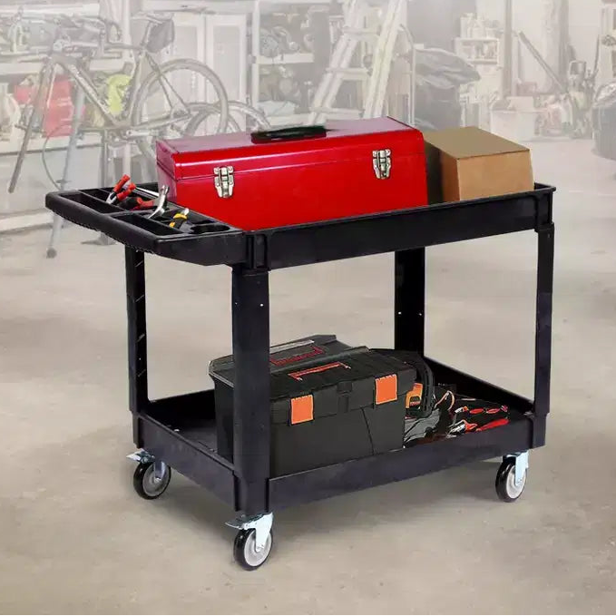 Carrello di servizio a 2 ripiani 45x25 con ruote, capacità 550 libbre, carrello con ripiani bordati