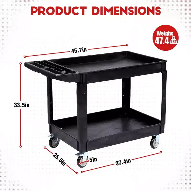 Carrello di servizio a 2 ripiani 45x25 con ruote, capacità 550 libbre, carrello con ripiani bordati