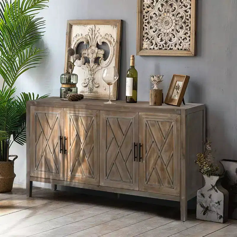 Credenza a buffet moderna in stile rustico da 152 cm, mobile contenitore con motivo geometrico a 4 ante e ripiani regolabili