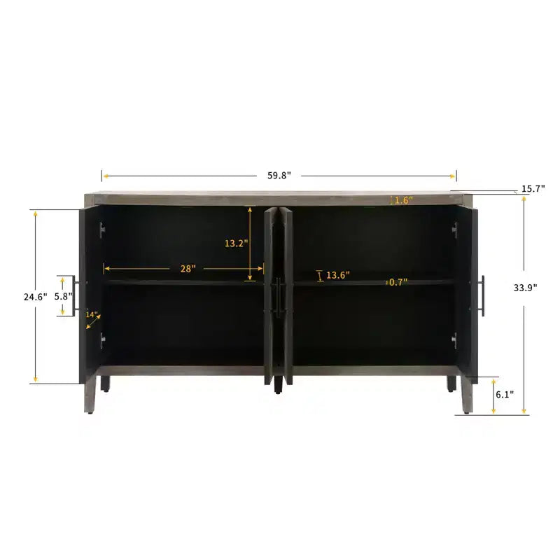Credenza a buffet moderna in stile rustico da 152 cm, mobile contenitore con motivo geometrico a 4 ante e ripiani regolabili
