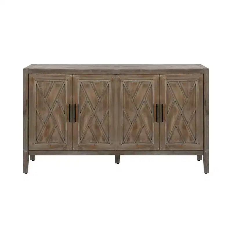 Credenza a buffet moderna in stile rustico da 152 cm, mobile contenitore con motivo geometrico a 4 ante e ripiani regolabili