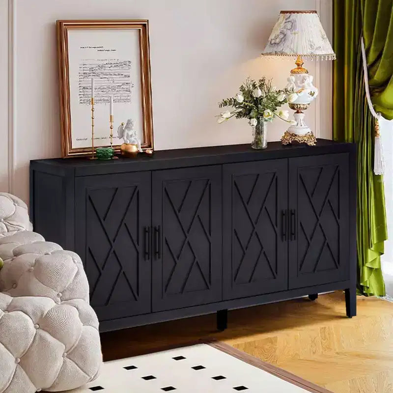 Credenza a buffet moderna in stile rustico da 152 cm, mobile contenitore con motivo geometrico a 4 ante e ripiani regolabili