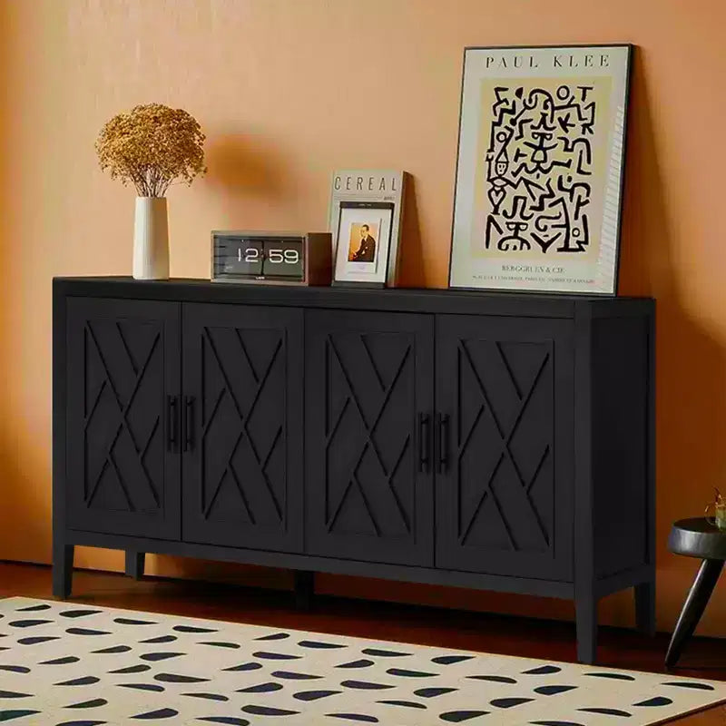 Credenza a buffet moderna in stile rustico da 152 cm, mobile contenitore con motivo geometrico a 4 ante e ripiani regolabili