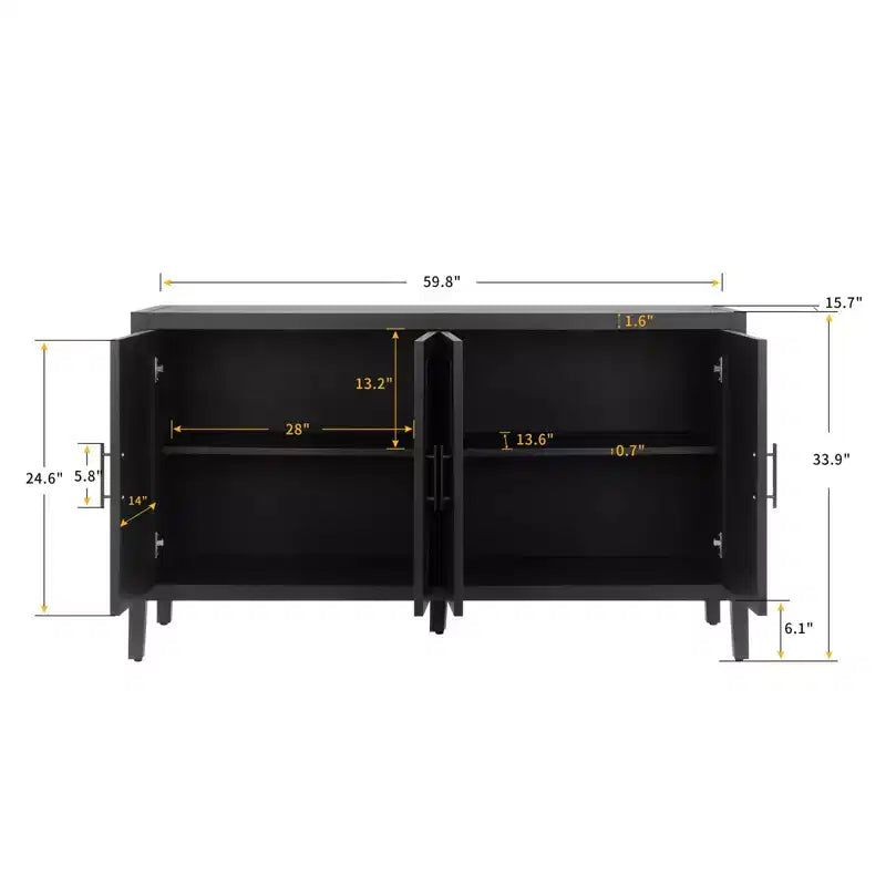 Credenza a buffet moderna in stile rustico da 152 cm, mobile contenitore con motivo geometrico a 4 ante e ripiani regolabili