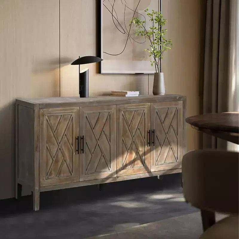 Credenza a buffet moderna in stile rustico da 152 cm, mobile contenitore con motivo geometrico a 4 ante e ripiani regolabili