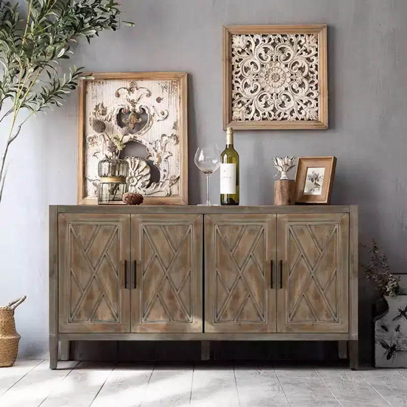 Credenza a buffet moderna in stile rustico da 152 cm, mobile contenitore con motivo geometrico a 4 ante e ripiani regolabili