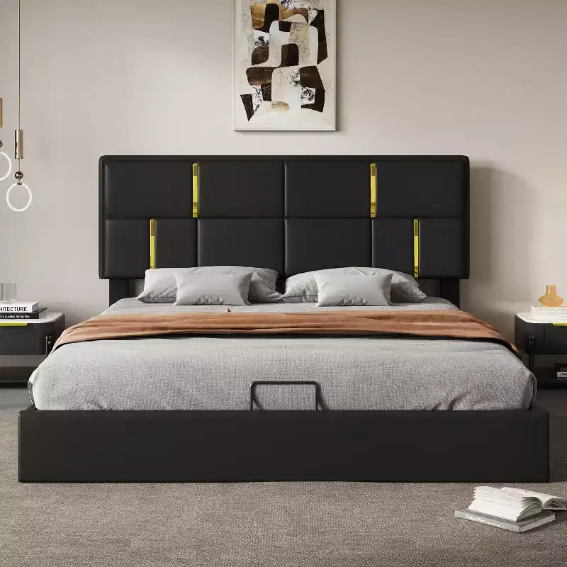 Letto a piattaforma imbottito in pelle PU Queen Size con sistema di sollevamento idraulico, struttura letto in legno con contenitore sollevabile e testiera