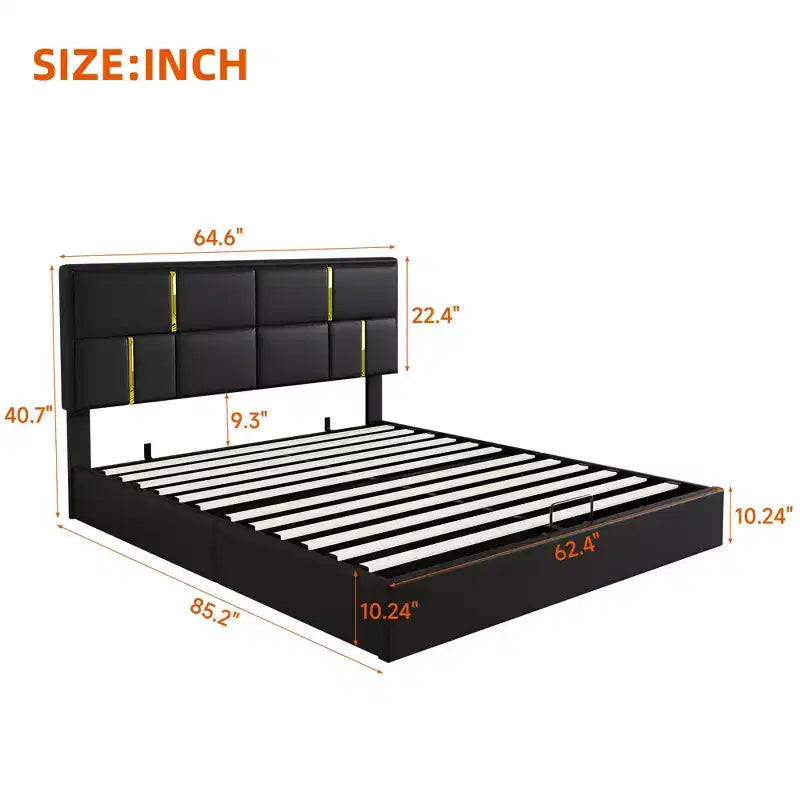 Letto a piattaforma imbottito in pelle PU Queen Size con sistema di sollevamento idraulico, struttura letto in legno con contenitore sollevabile e testiera