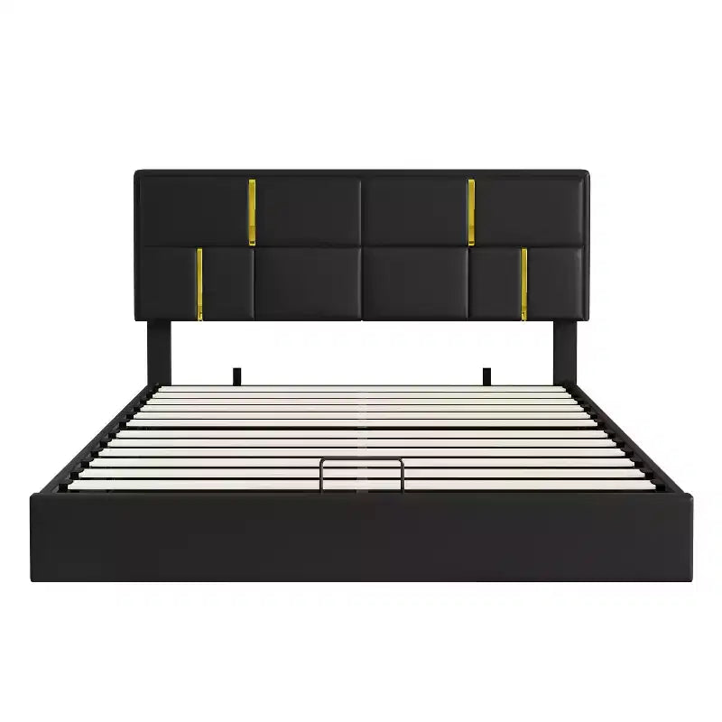 Letto a piattaforma imbottito in pelle PU Queen Size con sistema di sollevamento idraulico, struttura letto in legno con contenitore sollevabile e testiera