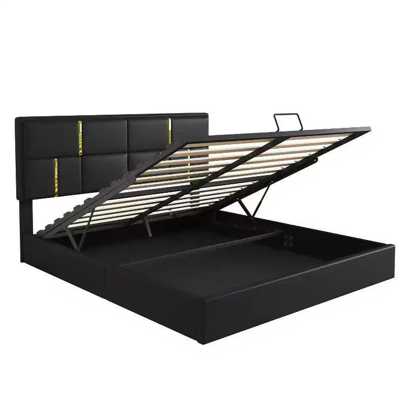 Letto a piattaforma imbottito in pelle PU Queen Size con sistema di sollevamento idraulico, struttura letto in legno con contenitore sollevabile e testiera
