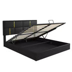 Letto a piattaforma imbottito in pelle PU Queen Size con sistema di sollevamento idraulico, struttura letto in legno con contenitore sollevabile e testiera