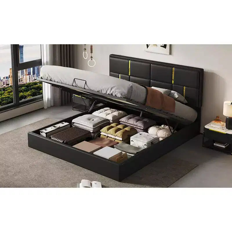 Letto a piattaforma imbottito in pelle PU Queen Size con sistema di sollevamento idraulico, struttura letto in legno con contenitore sollevabile e testiera