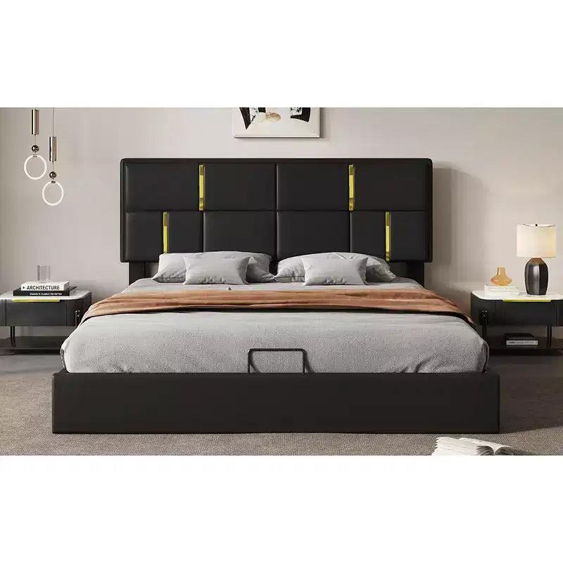 Letto a piattaforma imbottito in pelle PU Queen Size con sistema di sollevamento idraulico, struttura letto in legno con contenitore sollevabile e testiera